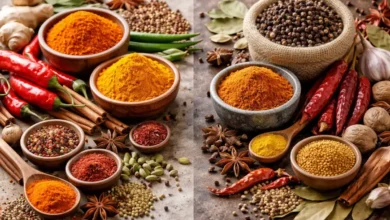 مزيج من البهارات المحلية والمستوردة على سطح خشبي مع وعاء خشبي يحتوي على الكركم والفلفل والقرنفل
