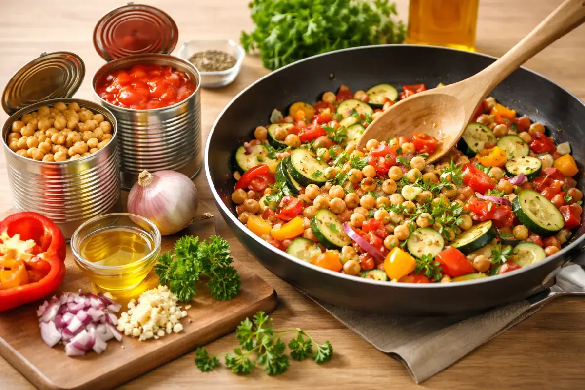 تحضير خضار مع المعلبات في مقلاة كبيرة على طاولة خشبية، تشمل الحمص المعلب والطماطم المقطعة والكوسا والفلفل الحلو والبصل والثوم، مع مكونات طازجة أخرى مثل الفلفل الحلو والبصل والثوم والبارسلي.