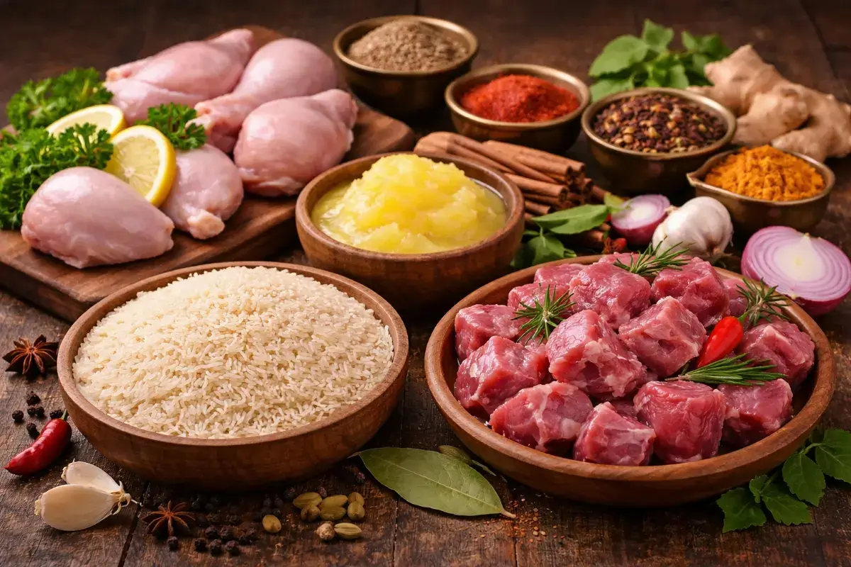 مكونات الطهي التقليدي مع الأرز والدجاج واللحم الطازج، والتوابل الطازجة والسمن الذهبي على طاولة خشبية