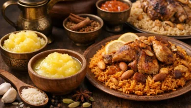 وجبة تقليدية من المندي والكبسة مع السمن الذهبي والتوابل الشرقية على طاولة خشبية