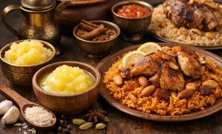 وجبة تقليدية من المندي والكبسة مع السمن الذهبي والتوابل الشرقية على طاولة خشبية