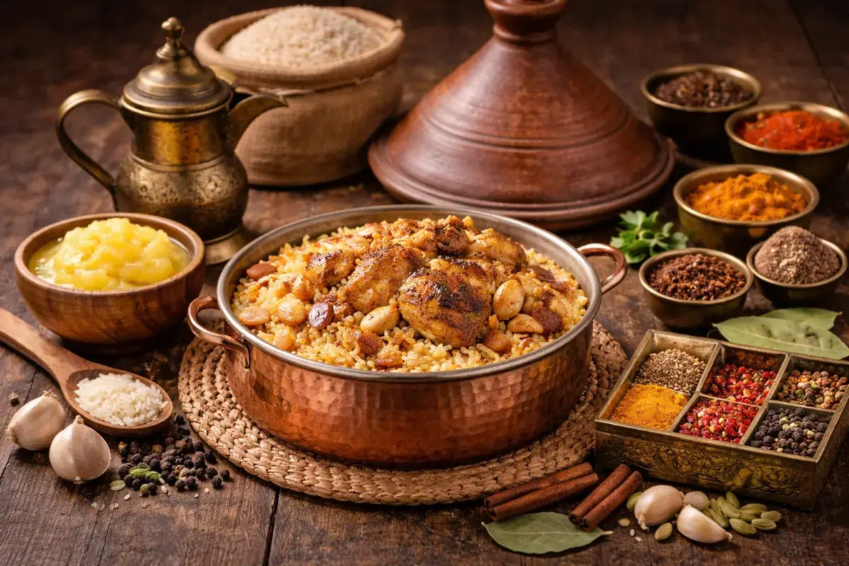 طعام تقليدي من المطبخ الشرقي مع الأرز والدجاج المحمص والسمن الذهبي، محاط بالتوابل والأعشاب في أجواء دافئة