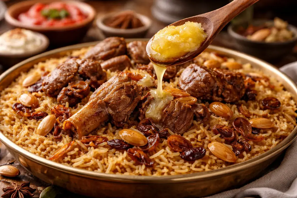 استخدام السمن الحيواني في طبق أرز تقليدي سعودي