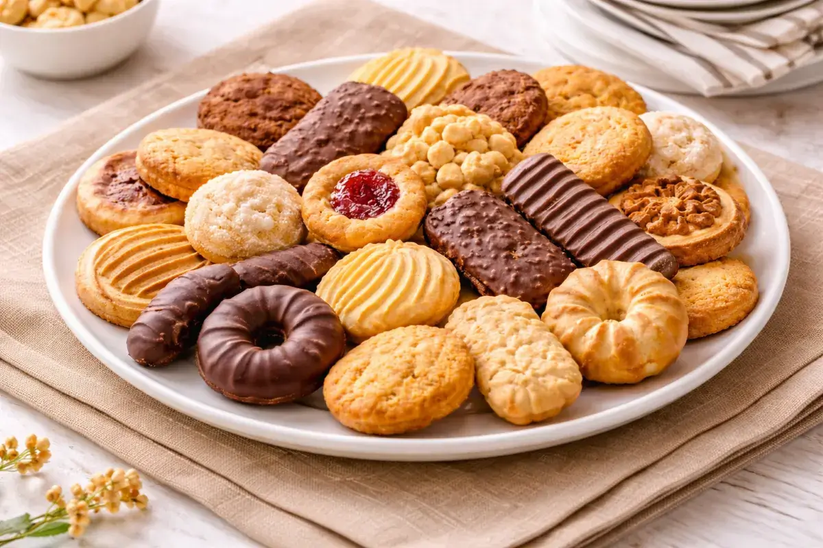 تشكيلة بسكويت متنوعة بأشكال وأحجام مختلفة مناسبة للضيافة