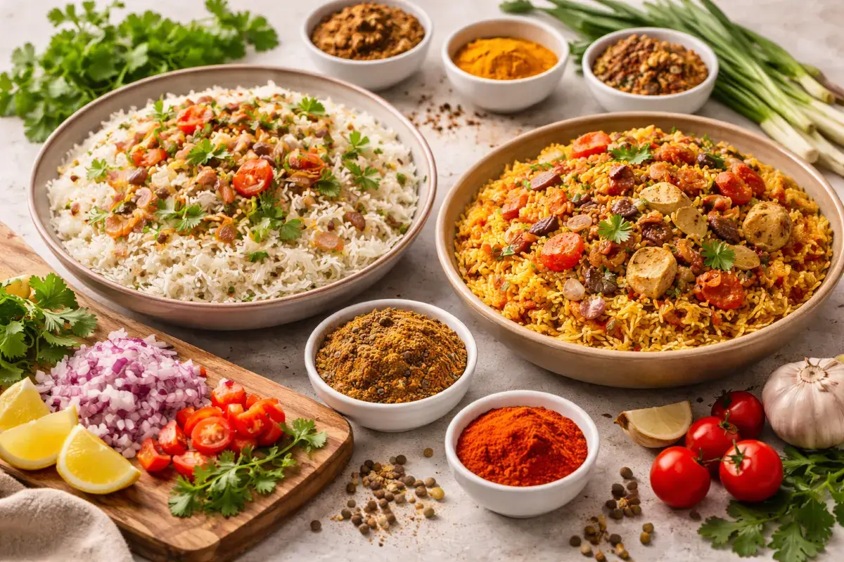 أرز مطهو مع خلطات وتضاف إليه مكونات طازجة مثل الطماطم والأعشاب