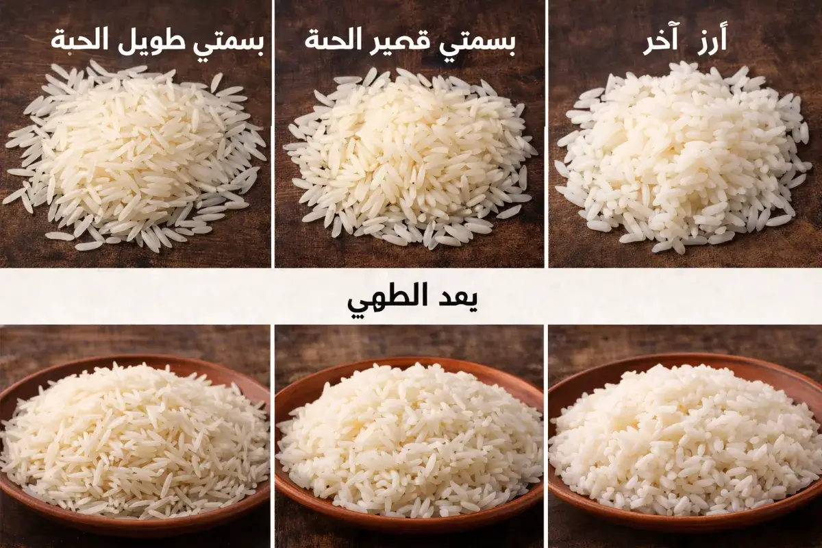 مقارنة شكل حبات الأرز البسمتي قبل الطهي وبعده