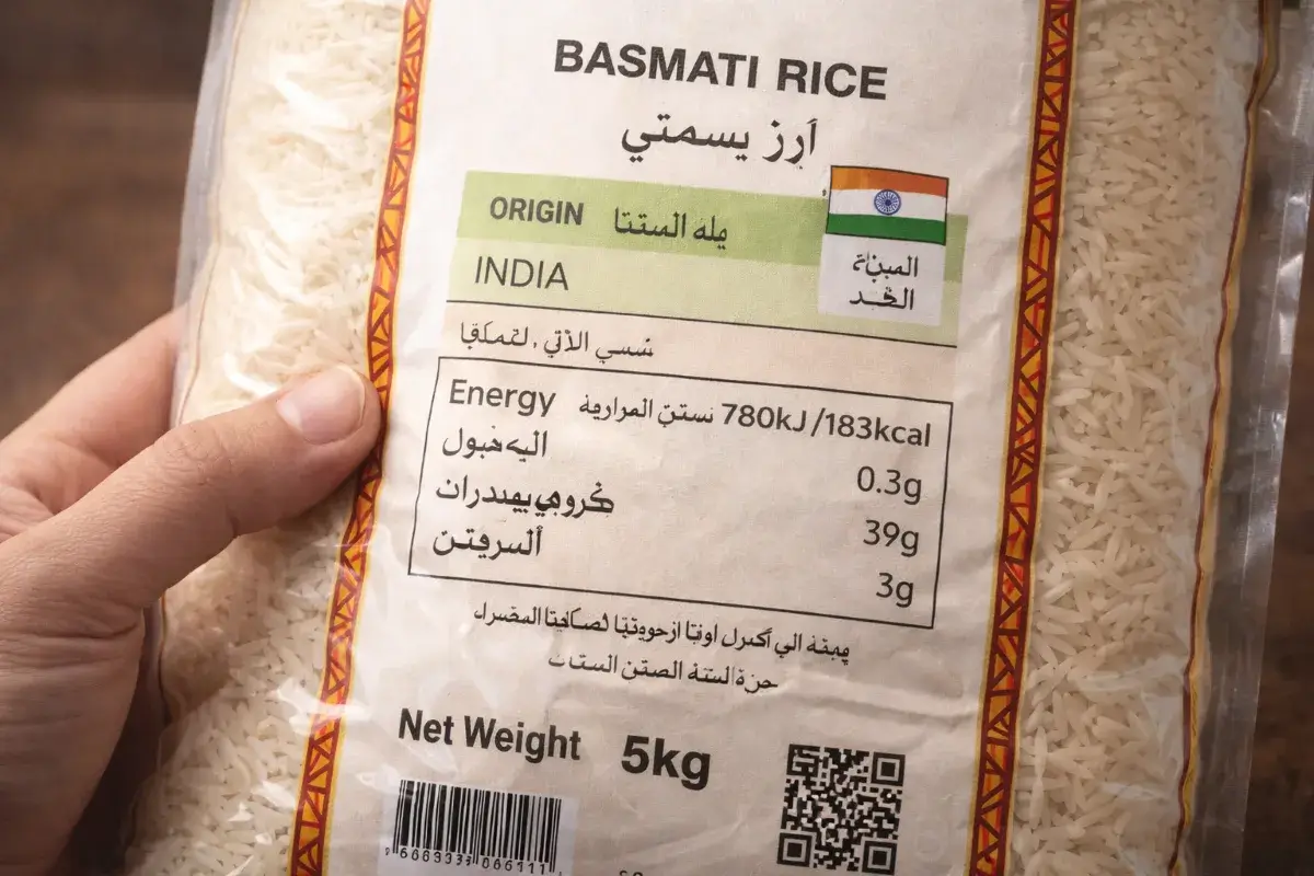 طريقة قراءة معلومات عبوة الأرز البسمتي مثل بلد المنشأ والوزن