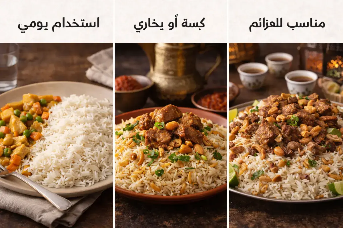 استخدامات الأرز البسمتي في الطبخ اليومي والكبسة والعزائم