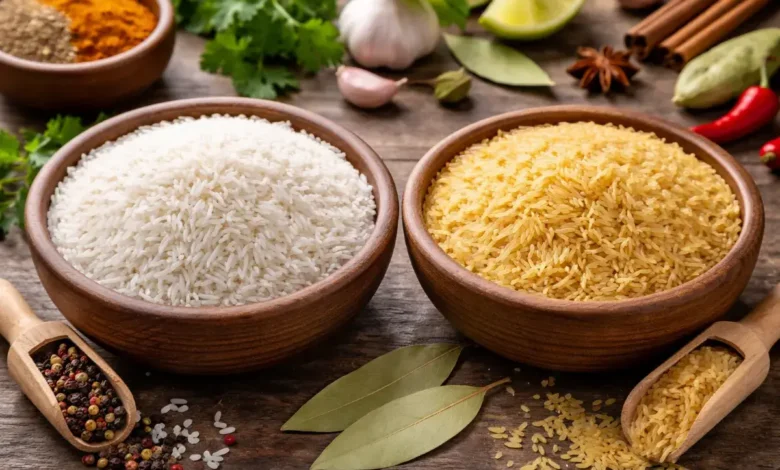 مقارنة بين الأرز البسمتي الأبيض والذهبي قبل الطهي