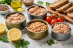 أنواع تونة معلبة مفتوحة مع خبز وخضار على سطح مطبخ