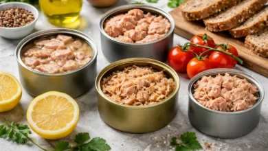 أنواع تونة معلبة مفتوحة مع خبز وخضار على سطح مطبخ