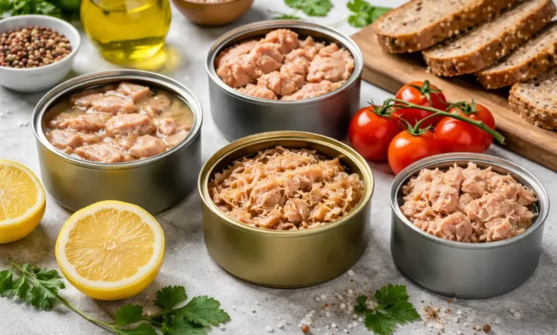 أنواع تونة معلبة مفتوحة مع خبز وخضار على سطح مطبخ