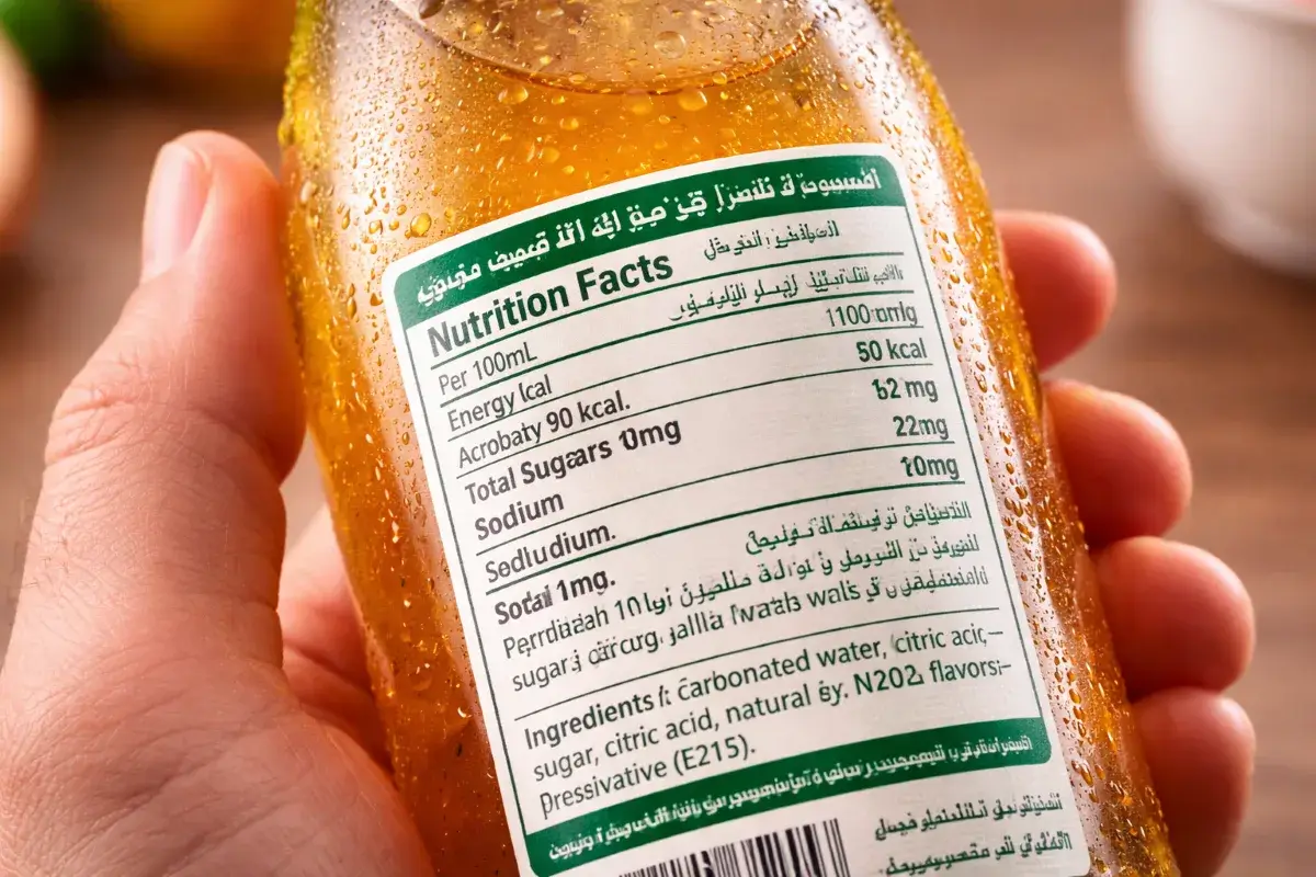 لقطة قريبة لبطاقة المكونات والقيم الغذائية على عبوة مشروب في السوق السعودي