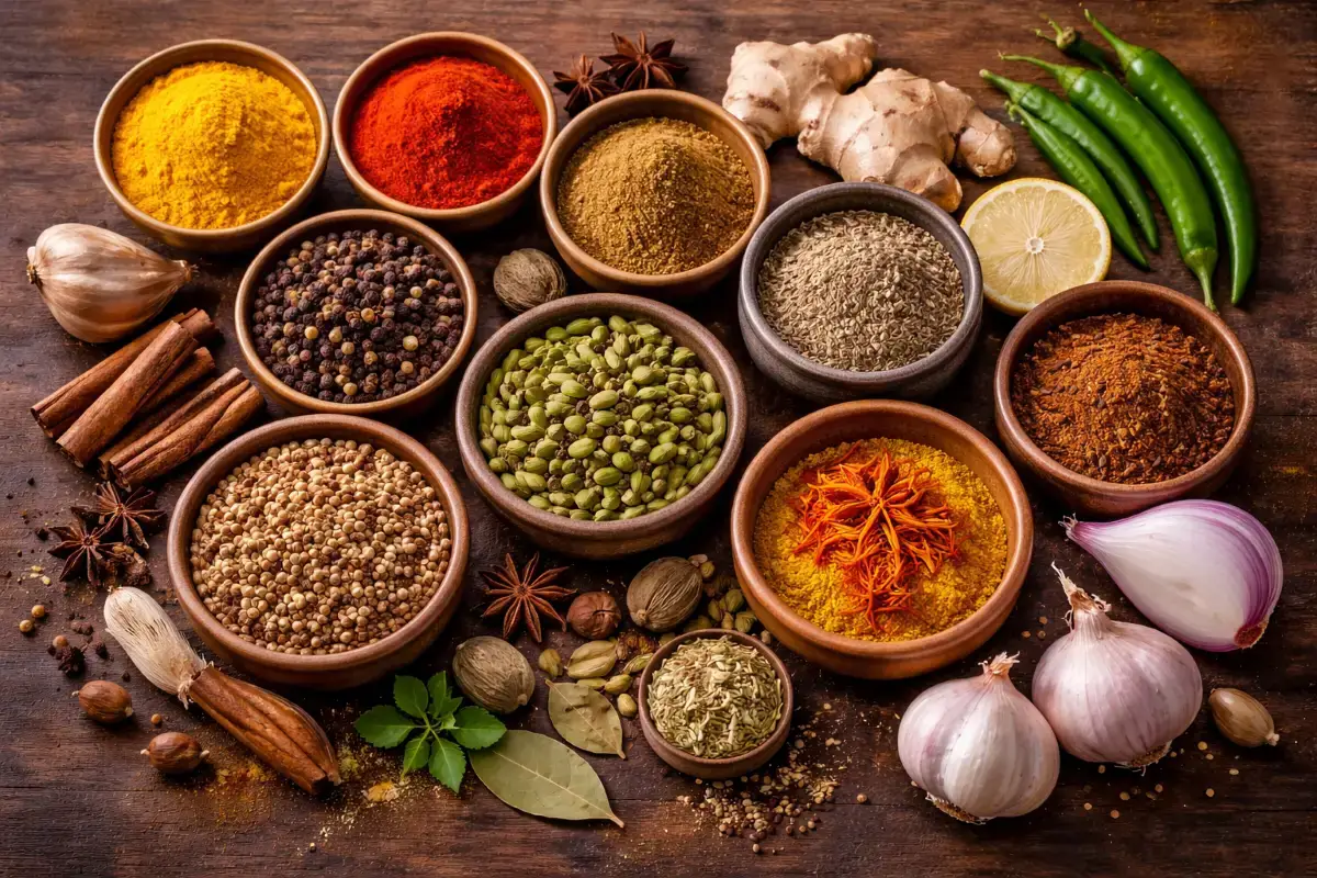 بهارات البرياني ومكوّناتها الأساسية المستخدمة في الطهي المنزلي