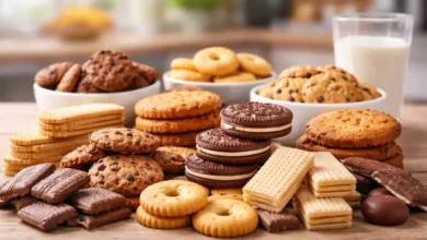 تشكيلة متنوعة من البسكويت بأشكال ونكهات مختلفة على طاولة منزلية