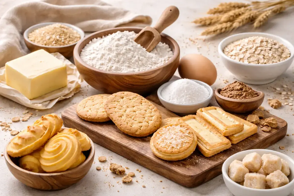 مكونات أساسية تُستخدم في صناعة البسكويت مثل الدقيق والزبدة والسكر