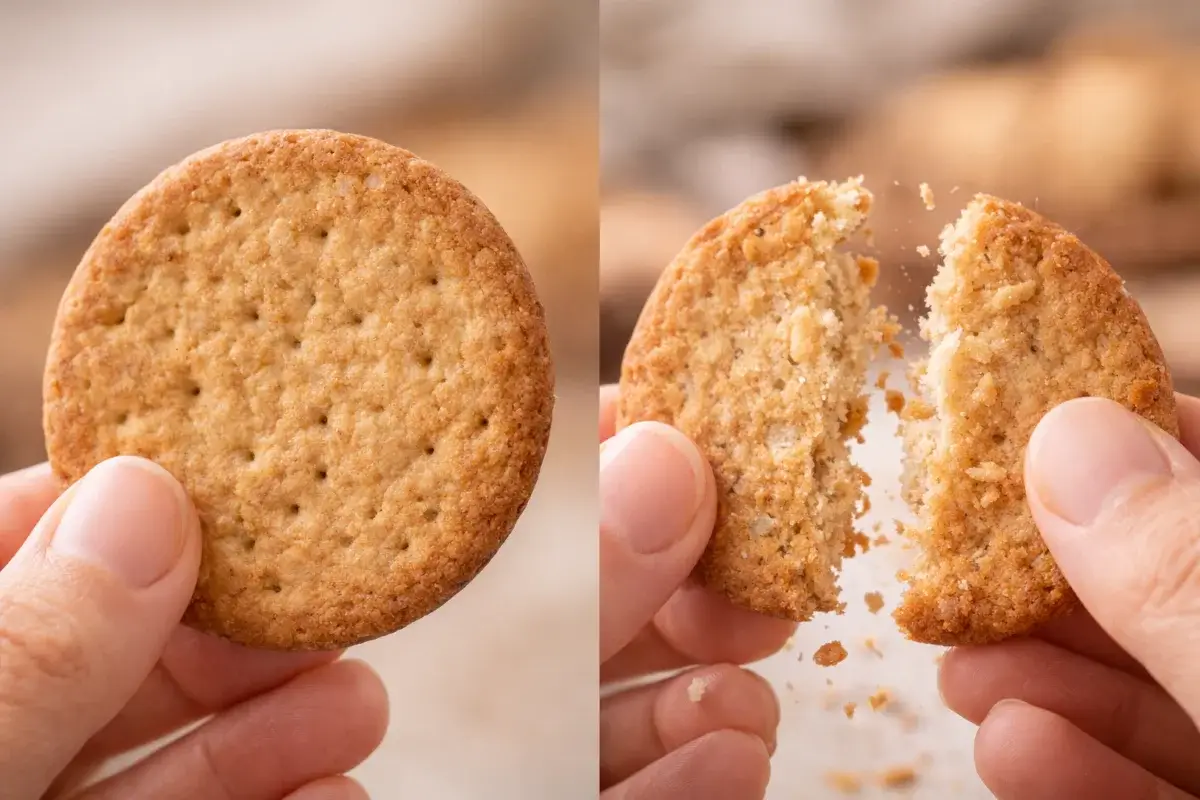 مقارنة قوام البسكويت بين قطعة متماسكة وأخرى مفتتة