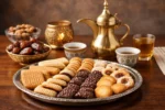 تشكيلة بسكويت ضيافة مقدمة مع القهوة العربية في منزل سعودي