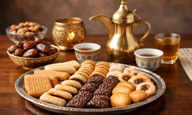 تشكيلة بسكويت ضيافة مقدمة مع القهوة العربية في منزل سعودي