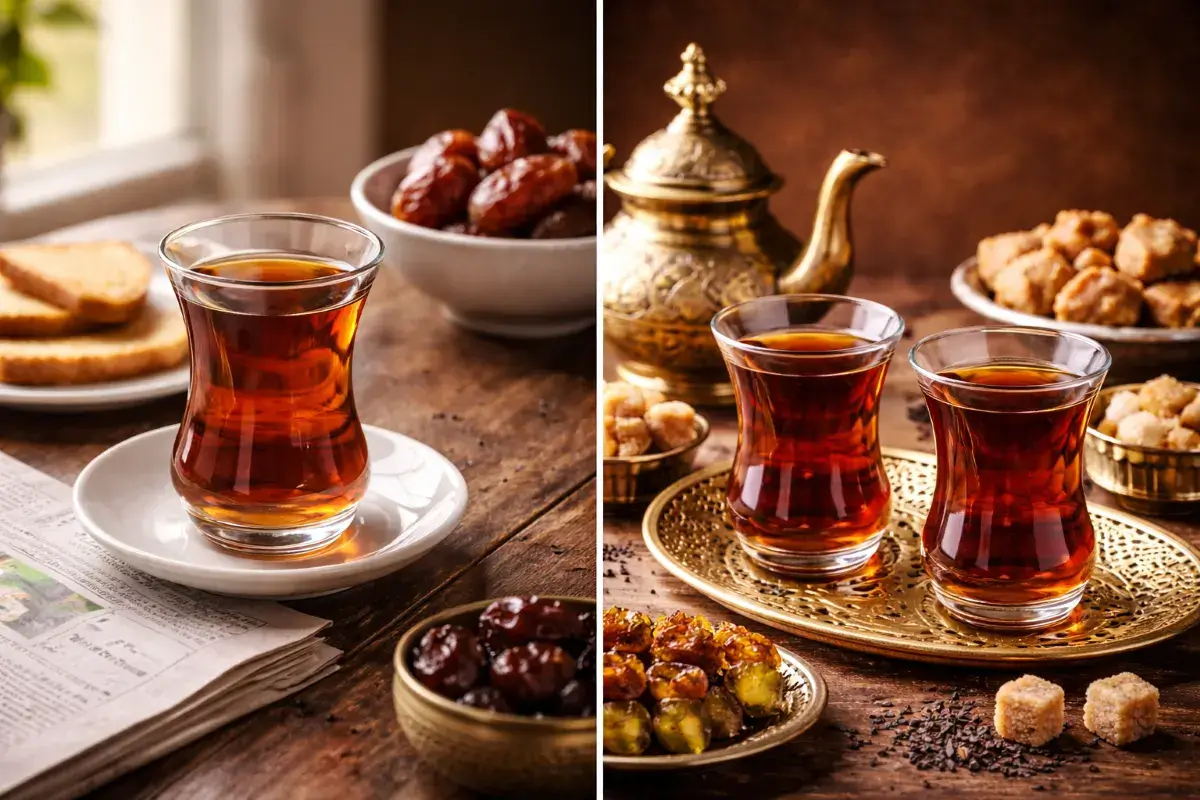 مشهدان مختلفان لتقديم الشاي الأسود، أحدهما للاستخدام اليومي والآخر للضيافة