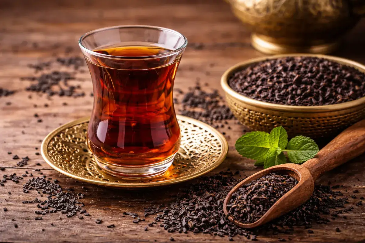 كوب شاي أسود محضّر في كأس زجاجي مع أوراق شاي سوداء جافة على طاولة خشبية
