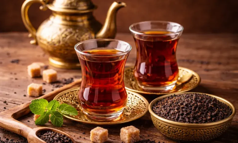 كوبان من الشاي الأسود المحضّر في أكواب زجاجية تقليدية مع أوراق شاي جافة على طاولة خشبية