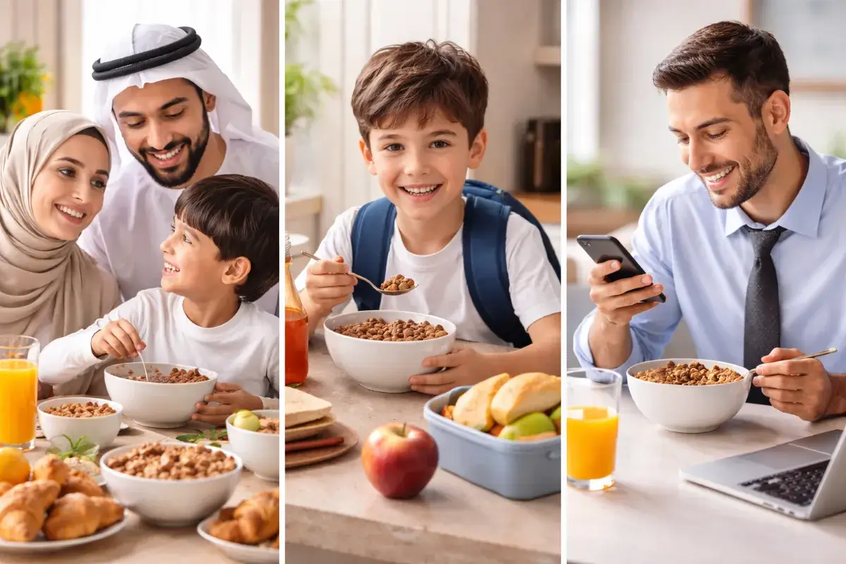 مشاهد مختلفة لاستخدام حبوب الإفطار ضمن أنماط يومية متنوعة