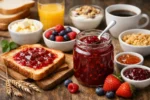 مربى إفطار مع خبز محمص وفواكه ضمن وجبة صباحية منزلية