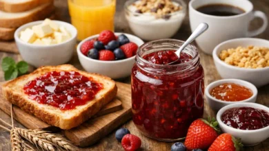 مربى إفطار مع خبز محمص وفواكه ضمن وجبة صباحية منزلية