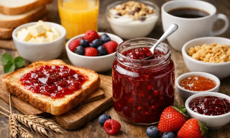 مربى إفطار مع خبز محمص وفواكه ضمن وجبة صباحية منزلية