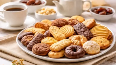 تشكيلة بسكويت اقتصادية مقدمة للضيافة مع القهوة في جلسة منزلية بسيطة