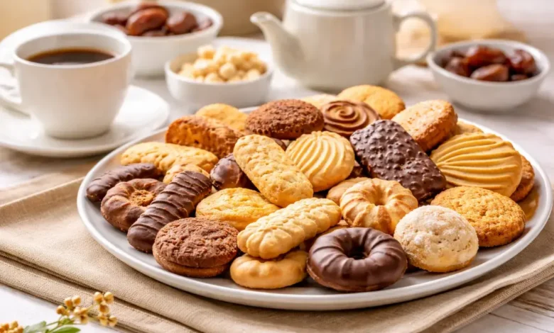 تشكيلة بسكويت اقتصادية مقدمة للضيافة مع القهوة في جلسة منزلية بسيطة
