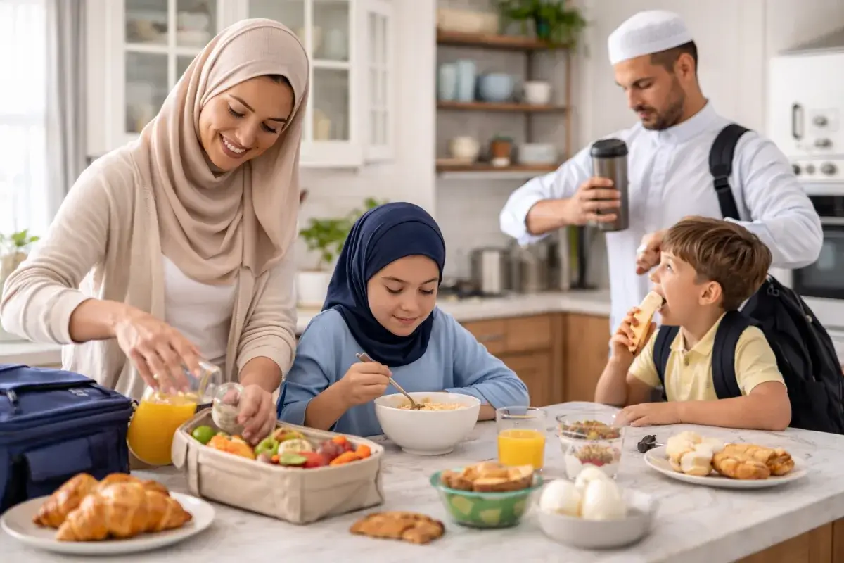 صباح عائلي مزدحم أثناء تجهيز الإفطار قبل الدوام