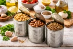 معلبات الحمص والفول والعدس على سطح مطبخ مع مكونات تحضير بسيطة