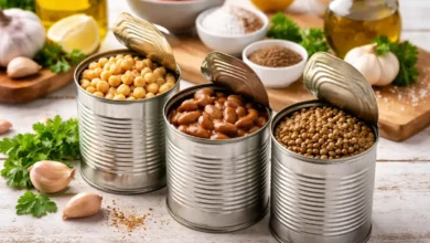 معلبات الحمص والفول والعدس على سطح مطبخ مع مكونات تحضير بسيطة