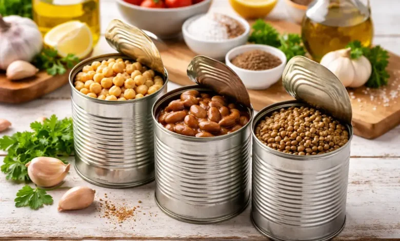 معلبات الحمص والفول والعدس على سطح مطبخ مع مكونات تحضير بسيطة