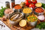 مجموعة من المعلبات الغذائية المفتوحة تُظهر محتويات مختلفة مثل الخضروات والبقول والأسماك