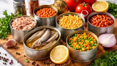 مجموعة من المعلبات الغذائية المفتوحة تُظهر محتويات مختلفة مثل الخضروات والبقول والأسماك