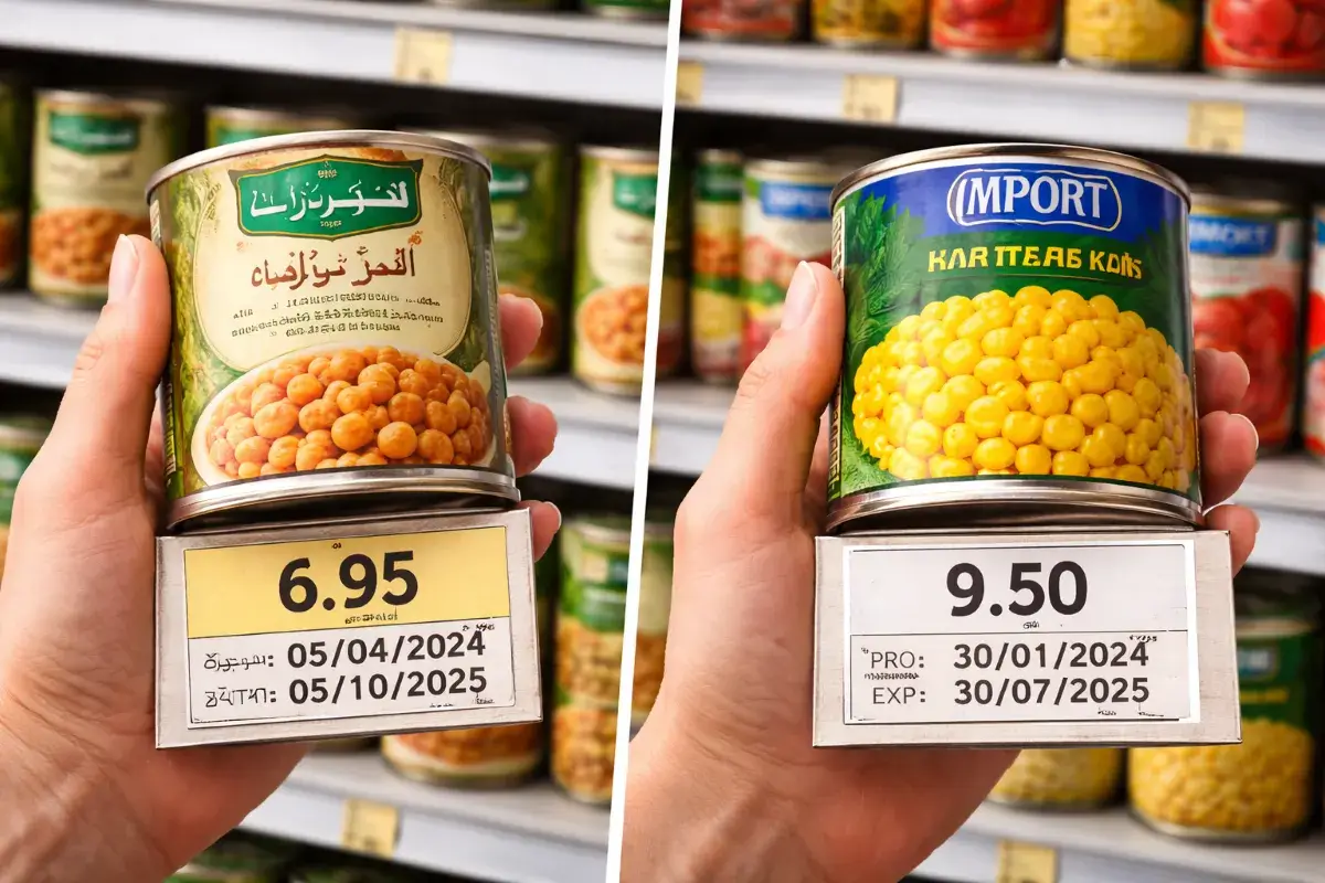مقارنة سعر وتاريخ إنتاج بين معلب محلي وآخر مستورد في متجر سعودي