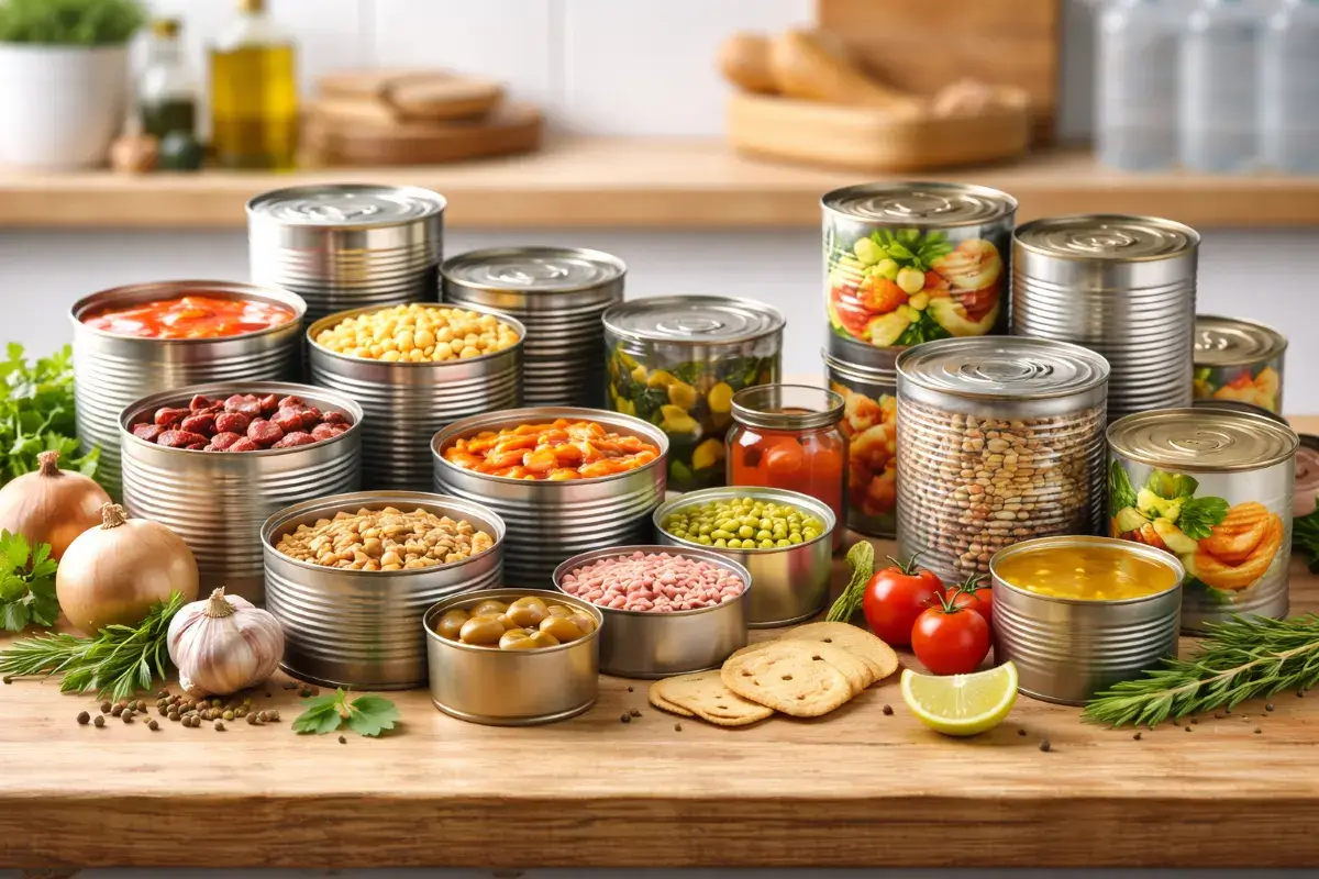 أنواع مختلفة من المعلبات الغذائية مرتبة حسب الاستخدام اليومي