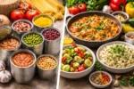 مقارنة بصرية بين المعلبات الجاهزة ووجبة منزلية محضرة طازجة على طاولة مطبخ