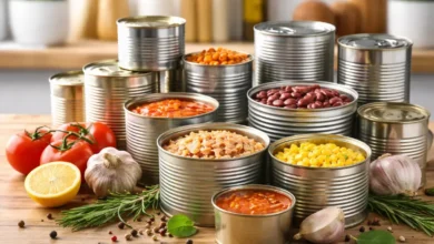 معلبات غذائية متنوعة مفتوحة على طاولة مطبخ مع خضروات طازجة