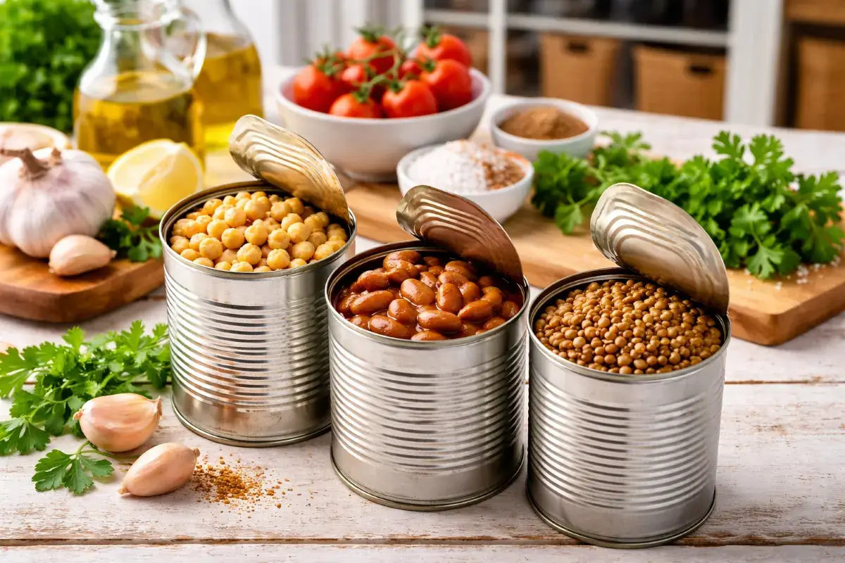 معلبات الحمص والفول والعدس على سطح مطبخ منزلي للاستخدام اليومي