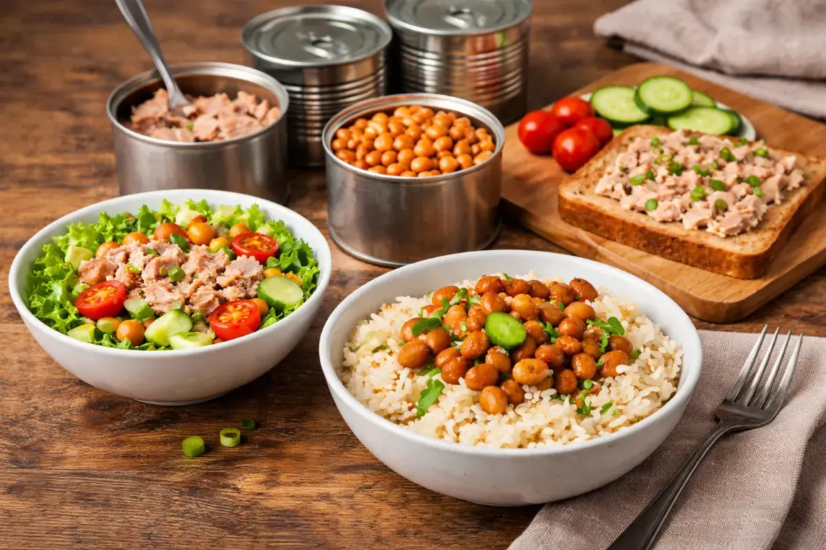 وجبة سريعة باستخدام معلبات مع أرز وسلطة وخبز في مطبخ بسيط