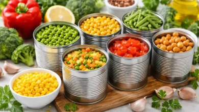 معلبات خضار متنوعة جاهزة للاستخدام في الطبخ السريع داخل المطبخ المنزلي
