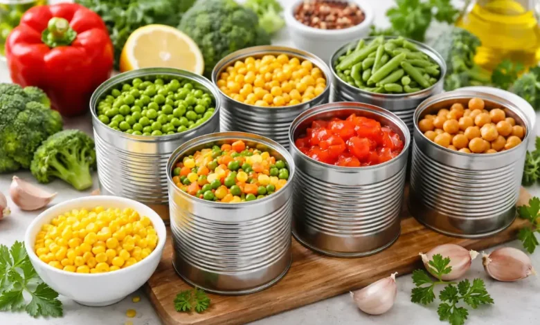معلبات خضار متنوعة جاهزة للاستخدام في الطبخ السريع داخل المطبخ المنزلي