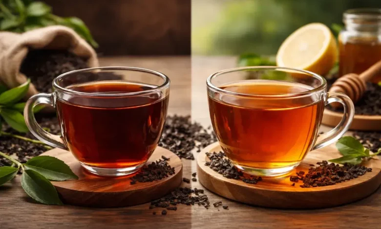 كوبان من الشاي يوضحان الفرق في اللون بين الشاي السيلاني والشاي الكيني