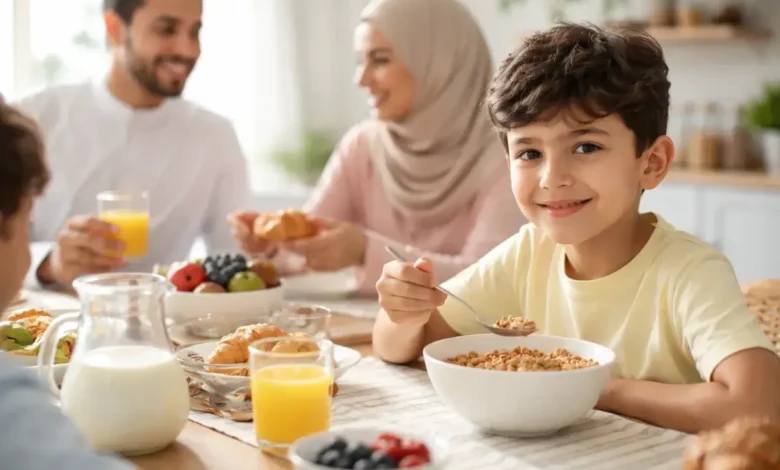طفل يتناول حبوب الإفطار على مائدة الإفطار مع عائلته في صباح منزلي هادئ