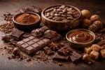 مكونات الشوكولاتة المختلفة مثل الكاكاو وحبوب الكاكاو وقطع الشوكولاتة