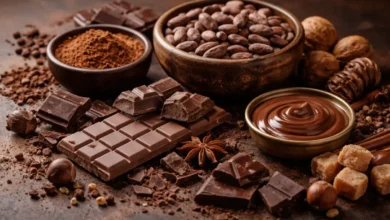 مكونات الشوكولاتة المختلفة مثل الكاكاو وحبوب الكاكاو وقطع الشوكولاتة